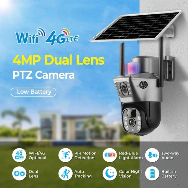 4MP Ultra HD Solar Powered 4G PTZ Security Camera | SIM & WiFi Support, 360° Rotation, Night Vision, Remote Monitoring Outdoor Camera