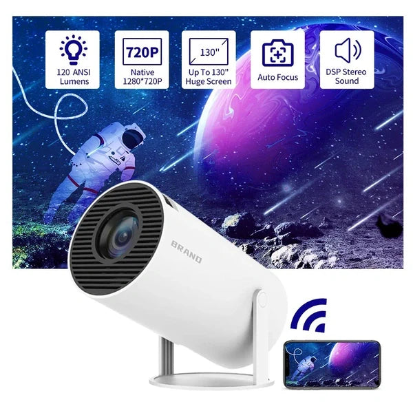 Smart Mini WiFi Projector with Auto Focus | 720P Native HD, 120 ANSI Lumens, 130″ Screen, Built-in Stereo Speaker for Home Cinema
