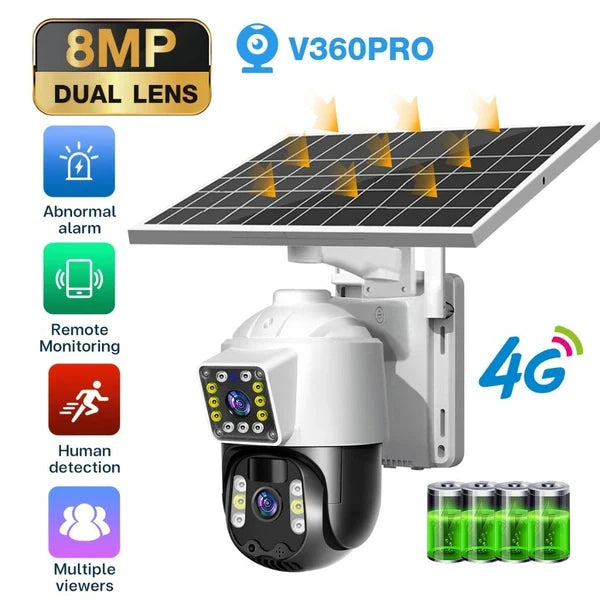 8MP Dual-Lens Solar Powered 4G PTZ Security Camera | Human Detection, Remote Monitoring, Built-in Battery, 360° Outdoor Surveillance (V360 Pro App)
