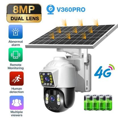 8MP Dual-Lens Solar Powered 4G PTZ Security Camera | Human Detection, Remote Monitoring, Built-in Battery, 360° Outdoor Surveillance (V360 Pro App)
