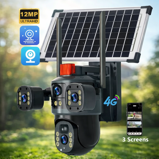 Solar Powered 4G PTZ Security Camera with Dual Lens, 12MP Ultra HD, Three-Screen View, Built-in Battery, IP66 Waterproof, 360° Outdoor Surveillance Camera
