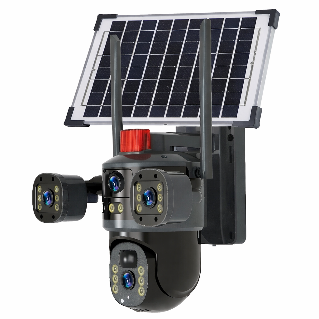 Solar Powered 4G PTZ Security Camera with Dual Lens, 12MP Ultra HD, Three-Screen View, Built-in Battery, IP66 Waterproof, 360° Outdoor Surveillance Camera
