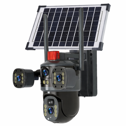 Solar Powered 4G PTZ Security Camera with Dual Lens, 12MP Ultra HD, Three-Screen View, Built-in Battery, IP66 Waterproof, 360° Outdoor Surveillance Camera