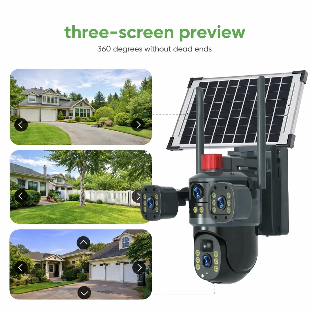 Solar Powered 4G PTZ Security Camera with Dual Lens, 12MP Ultra HD, Three-Screen View, Built-in Battery, IP66 Waterproof, 360° Outdoor Surveillance Camera