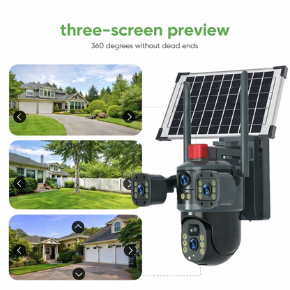 Solar Powered 4G PTZ Security Camera with Dual Lens, 12MP Ultra HD, Three-Screen View, Built-in Battery, IP66 Waterproof, 360° Outdoor Surveillance Camera