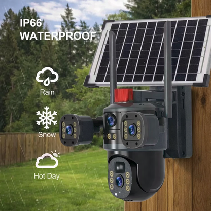 Solar Powered 4G PTZ Security Camera with Dual Lens, 12MP Ultra HD, Three-Screen View, Built-in Battery, IP66 Waterproof, 360° Outdoor Surveillance Camera