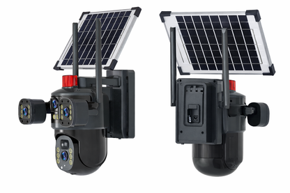 Solar Powered 4G PTZ Security Camera with Dual Lens, 12MP Ultra HD, Three-Screen View, Built-in Battery, IP66 Waterproof, 360° Outdoor Surveillance Camera