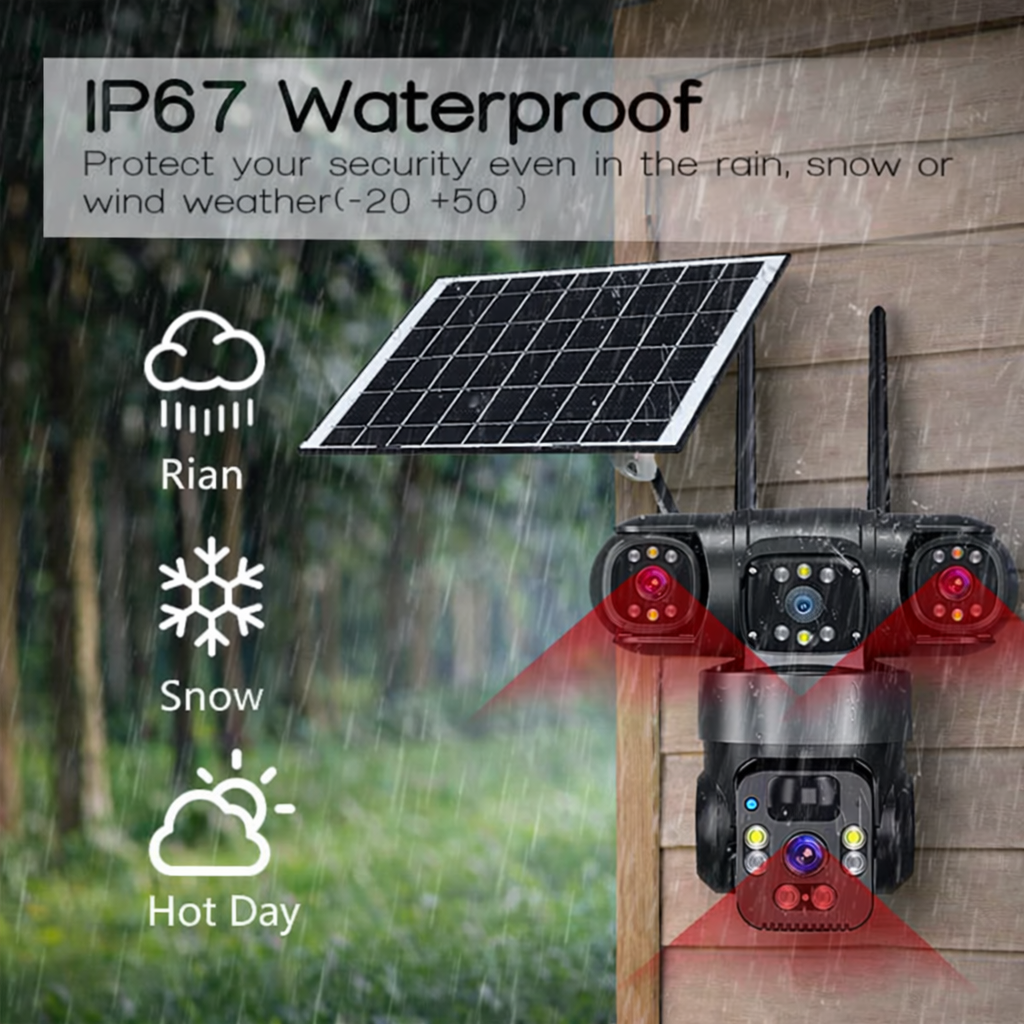 Smart Solar PTZ Security Camera – Triple Lens, 3-Screen Outdoor Surveillance with AI Motion Detection