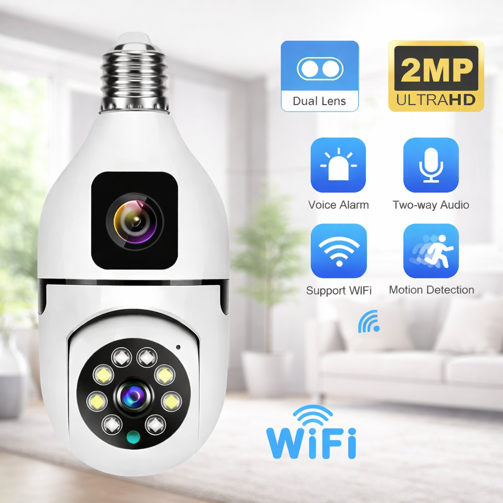 360° Dual-Lens Smart Light Bulb Security Camera – 2MP Ultra HD, WiFi Surveillance, Motion Detection, Two-Way Audio, Night Vision