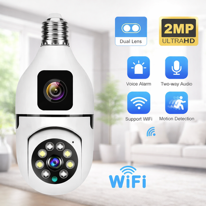 360° Dual-Lens Smart Light Bulb Security Camera – 2MP Ultra HD, WiFi Surveillance, Motion Detection, Two-Way Audio, Night Vision