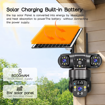 Smart Solar PTZ Security Camera – Triple Lens, 3-Screen Outdoor Surveillance with AI Motion Detection