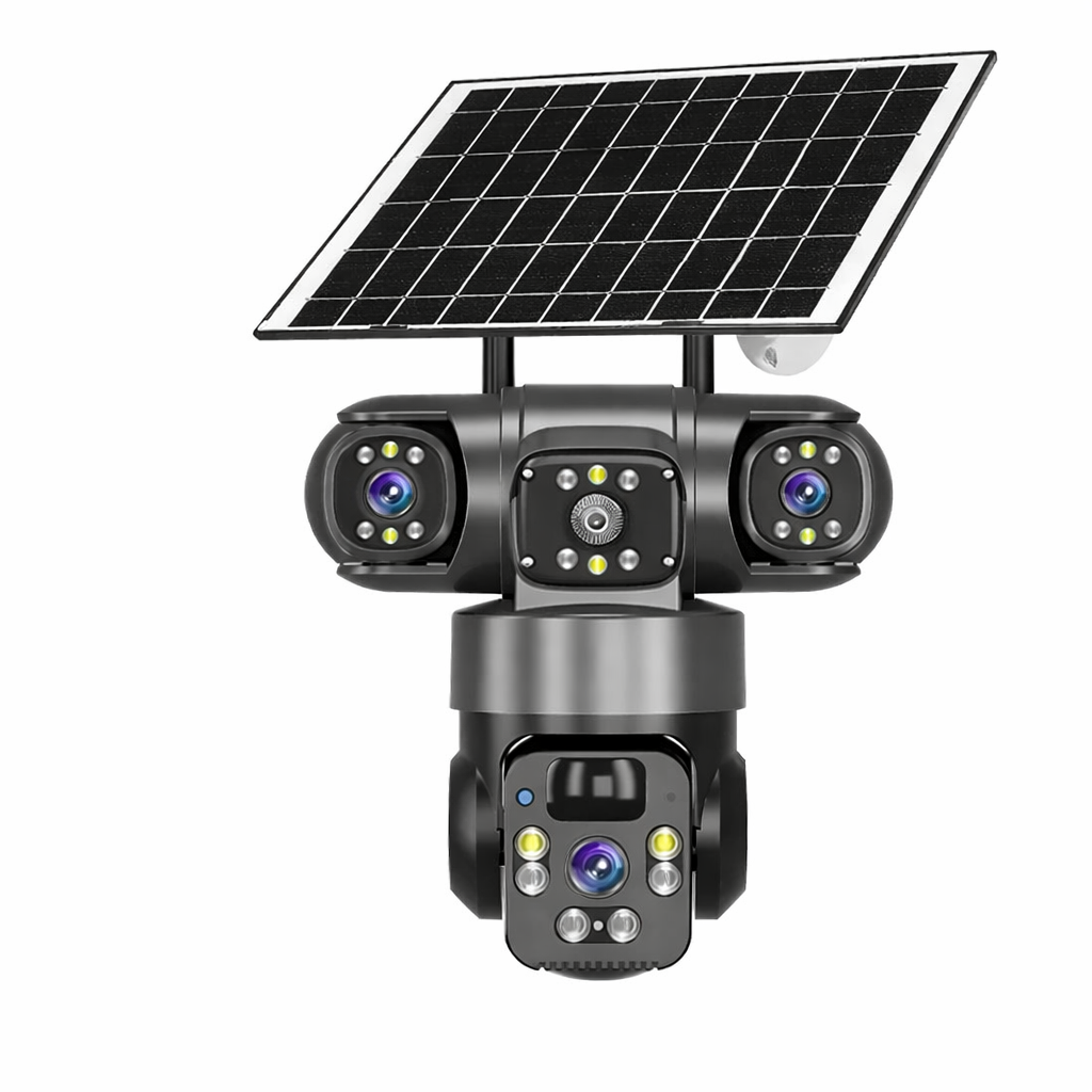 Smart Solar PTZ Security Camera – Triple Lens, 3-Screen Outdoor Surveillance with AI Motion Detection