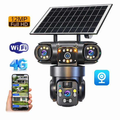 Smart Solar PTZ Security Camera – Triple Lens, 3-Screen Outdoor Surveillance with AI Motion Detection