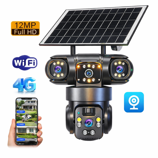 Smart Solar PTZ Security Camera – Triple Lens, 3-Screen Outdoor Surveillance with AI Motion Detection