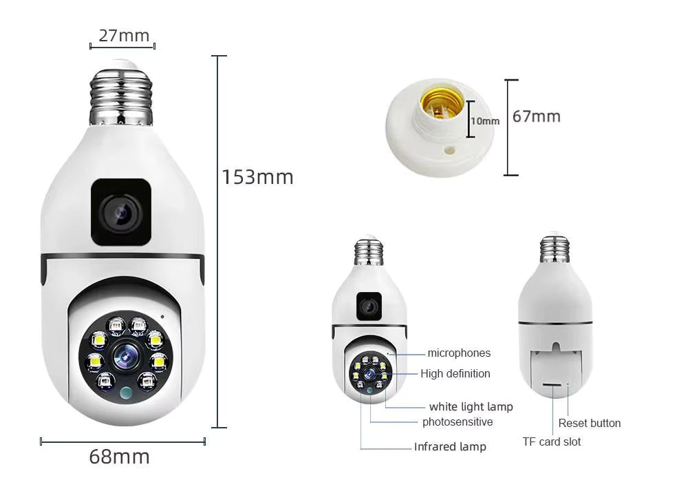 360° Dual-Lens Smart Light Bulb Security Camera – 2MP Ultra HD, WiFi Surveillance, Motion Detection, Two-Way Audio, Night Vision
