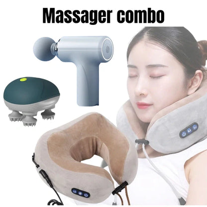Relaxation Massager Combo Set | Neck Massage Pillow + Handheld Massage Gun + Scalp Massager for Full Body Stress Relief