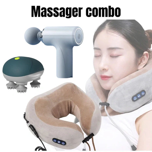Relaxation Massager Combo Set | Neck Massage Pillow + Handheld Massage Gun + Scalp Massager for Full Body Stress Relief