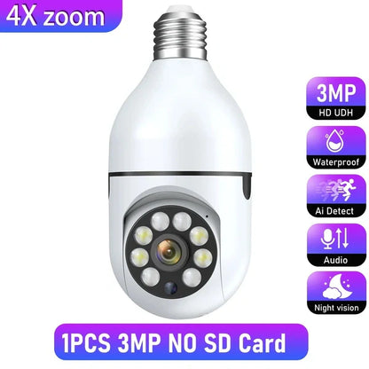 3MP Smart Bulb PTZ Security Camera – 4X Zoom, AI Motion Detection, Night Vision, Two-Way Audio (No SD Card)