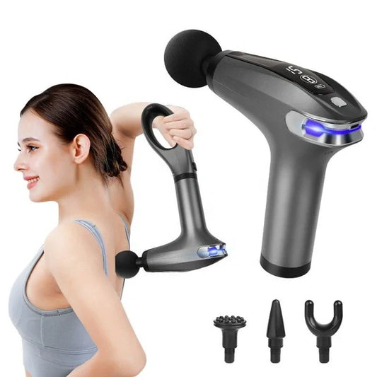 Rechargeable Percussive Massage Gun with Ergonomic Handle – 4-Speed Deep Tissue Muscle Massager for Back, Neck, Shoulder & Full Body Pain Relief with Interchangeable Heads