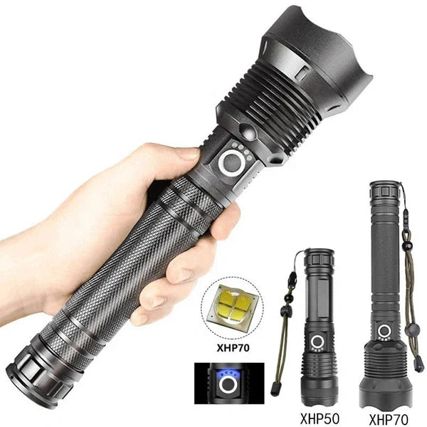 High-Power LED Flashlight Torch – XHP70 Super Bright Rechargeable Flashlight with Multiple Lighting Modes