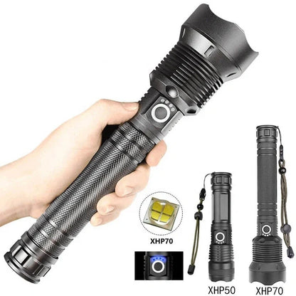 High-Power LED Flashlight Torch – XHP70 Super Bright Rechargeable Flashlight with Multiple Lighting Modes