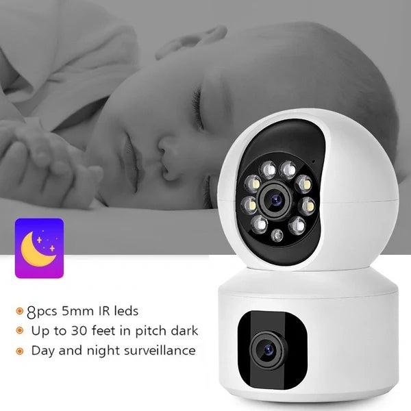 Dual-Lens Smart PTZ Security Camera – 360° Pan & Tilt Indoor WiFi Camera with Night Vision, Motion Tracking & Two-Way Audio