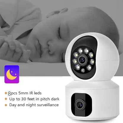 Dual-Lens Smart PTZ Security Camera – 360° Pan & Tilt Indoor WiFi Camera with Night Vision, Motion Tracking & Two-Way Audio