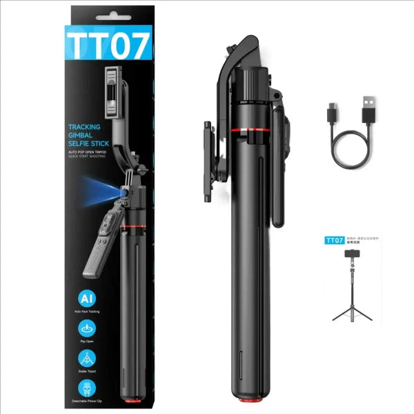 TT07 AI Tracking Gimbal Selfie Stick with Tripod | Auto Face Tracking, Detachable Phone Clip, Extendable Stabilized Selfie Stick for Vlogging & Live Streaming