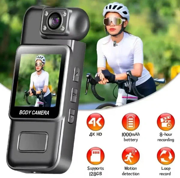 4K Ultra HD WiFi Body Camera with LCD Screen | Night Vision, One-Click Recording, Compact Wearable Action Cam
