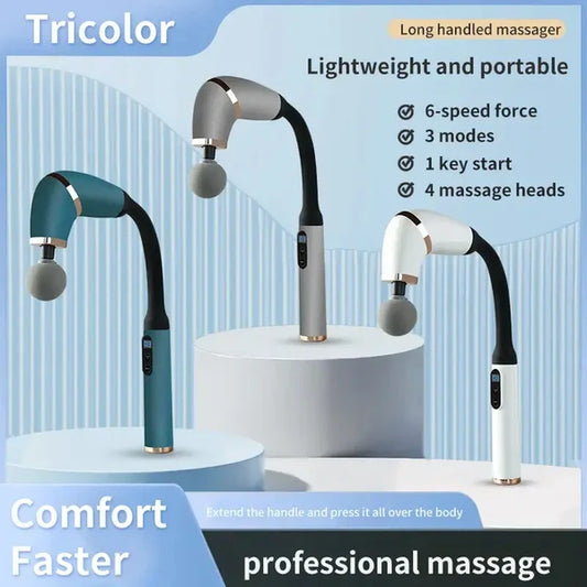 Long Handle Tricolor Percussion Massage Gun with 6-Speed Force, 3 Massage Modes & 4 Interchangeable Heads – Lightweight Full Body Professional Massager