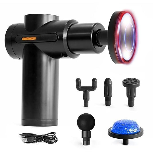 High-Power Percussion Massage Gun with LED Heat Therapy & Multiple Massage Heads – Rechargeable Deep Tissue Muscle Relaxation Device